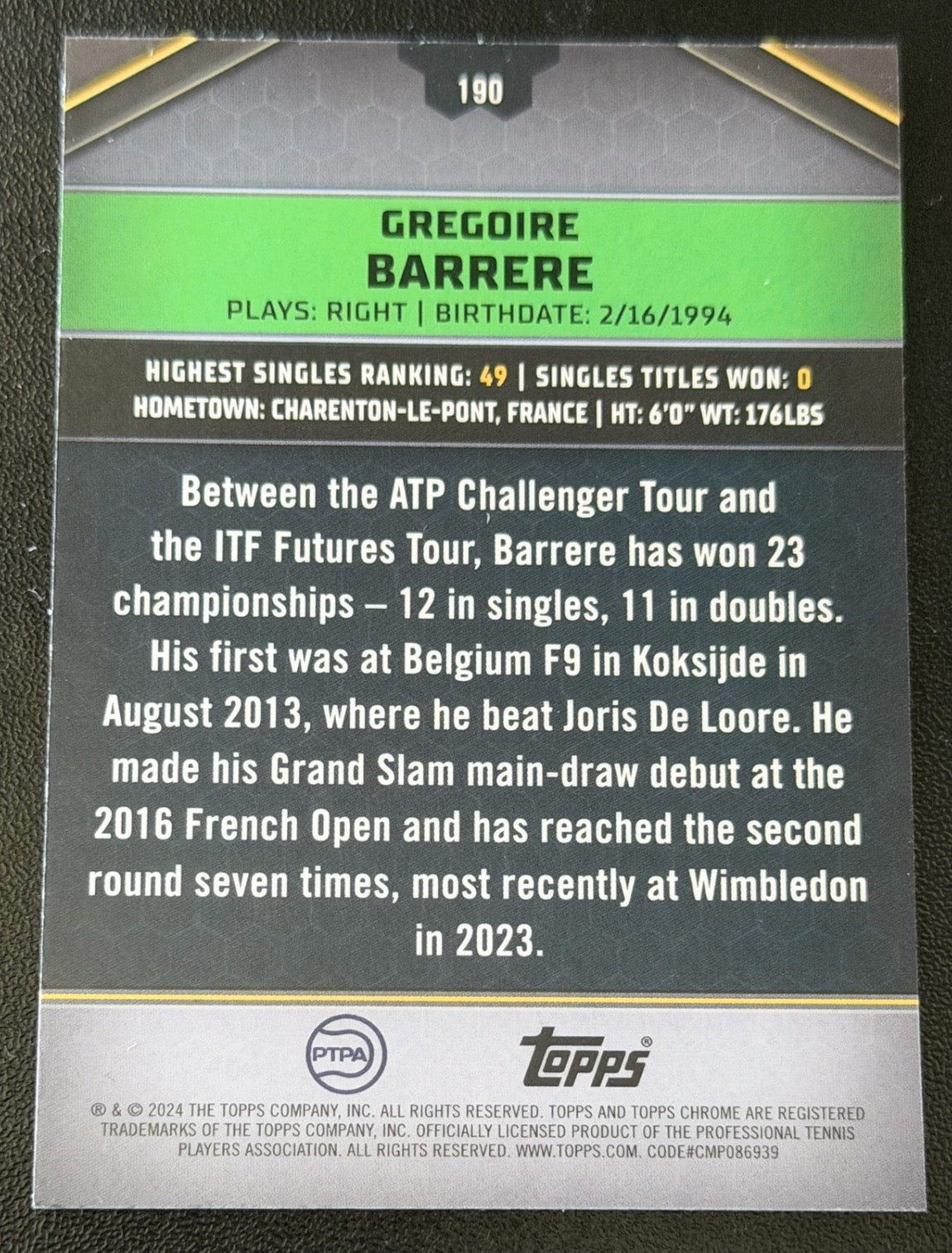 2024 Topps Graphite Tennis Aqua Refractor 135/199 Gregoire Barrere