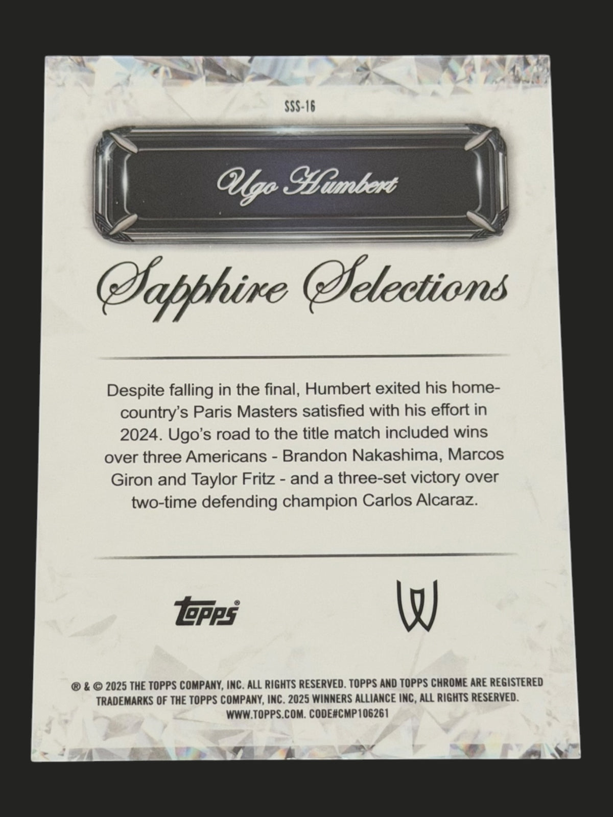 2025 Topps Chrome Sapphire Ugo Humbert — Black Sapphire Selections /10 tennis card