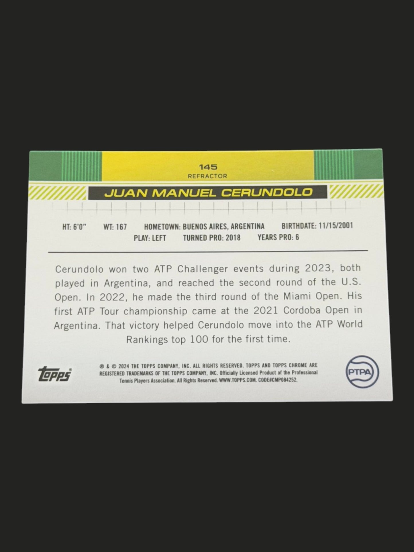 2024 Topps Chrome Juan Manuel Cerundolo — Refractor tennis card