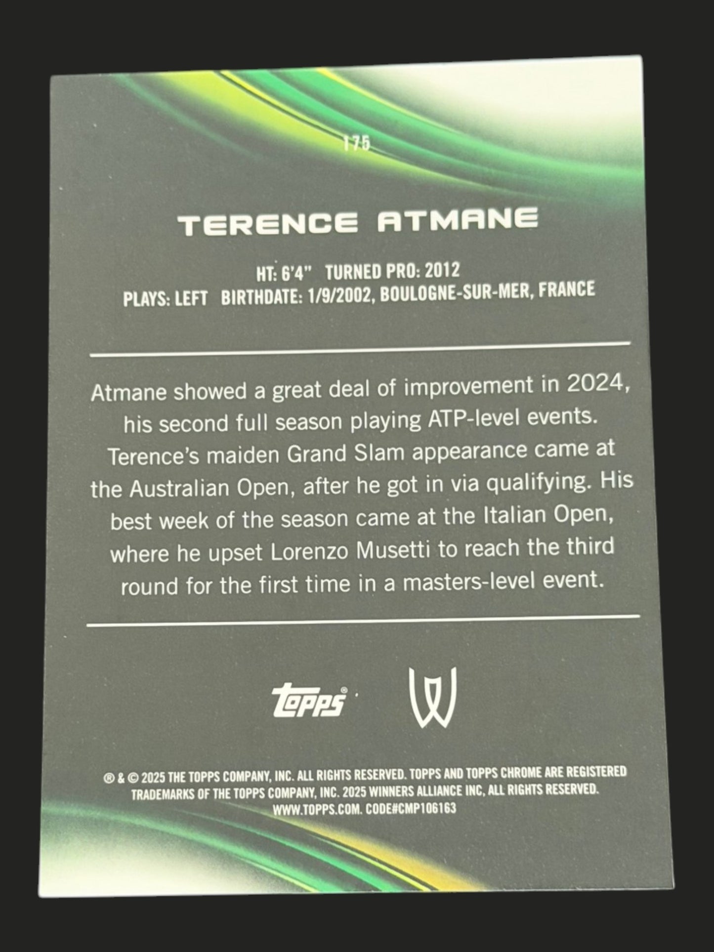 2025 Topps Chrome Sapphire Tennis Green 74/75 Terence Atmane