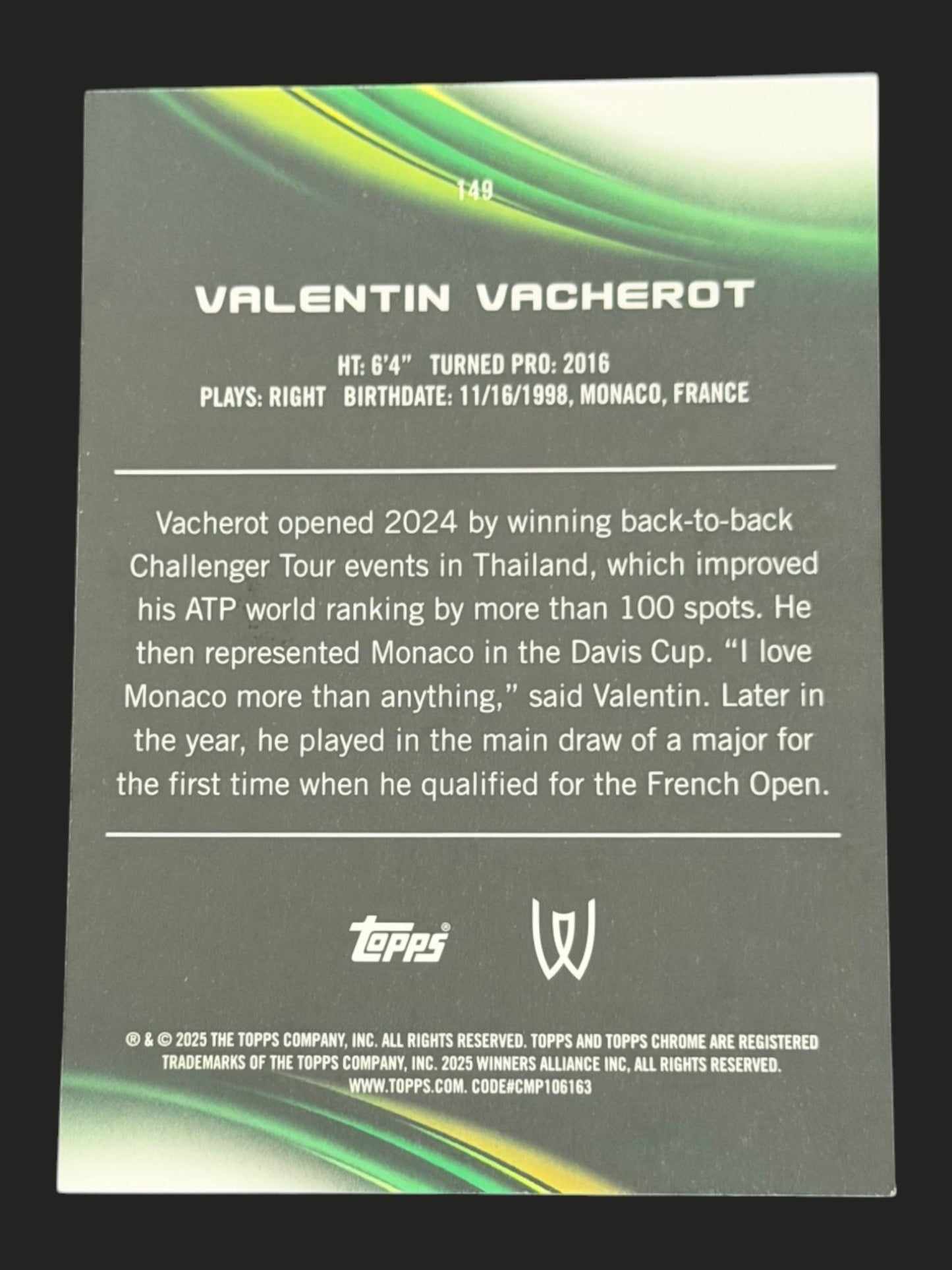 2025 Topps Chrome Sapphire Tennis Green 46/75 Valentin Vacherot