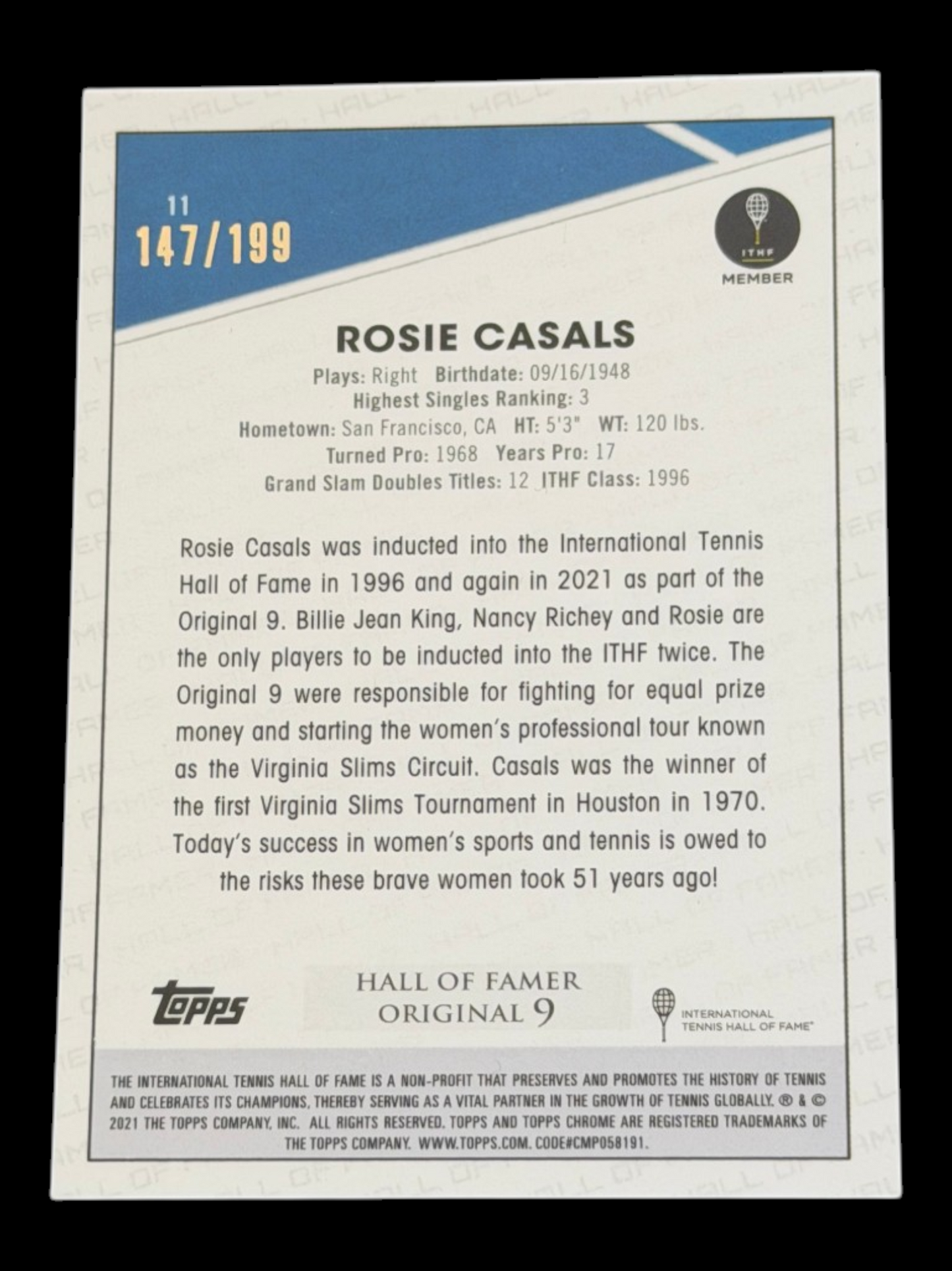 2021 Topps Chrome Sapphire Rosie Casals — Aqua /199