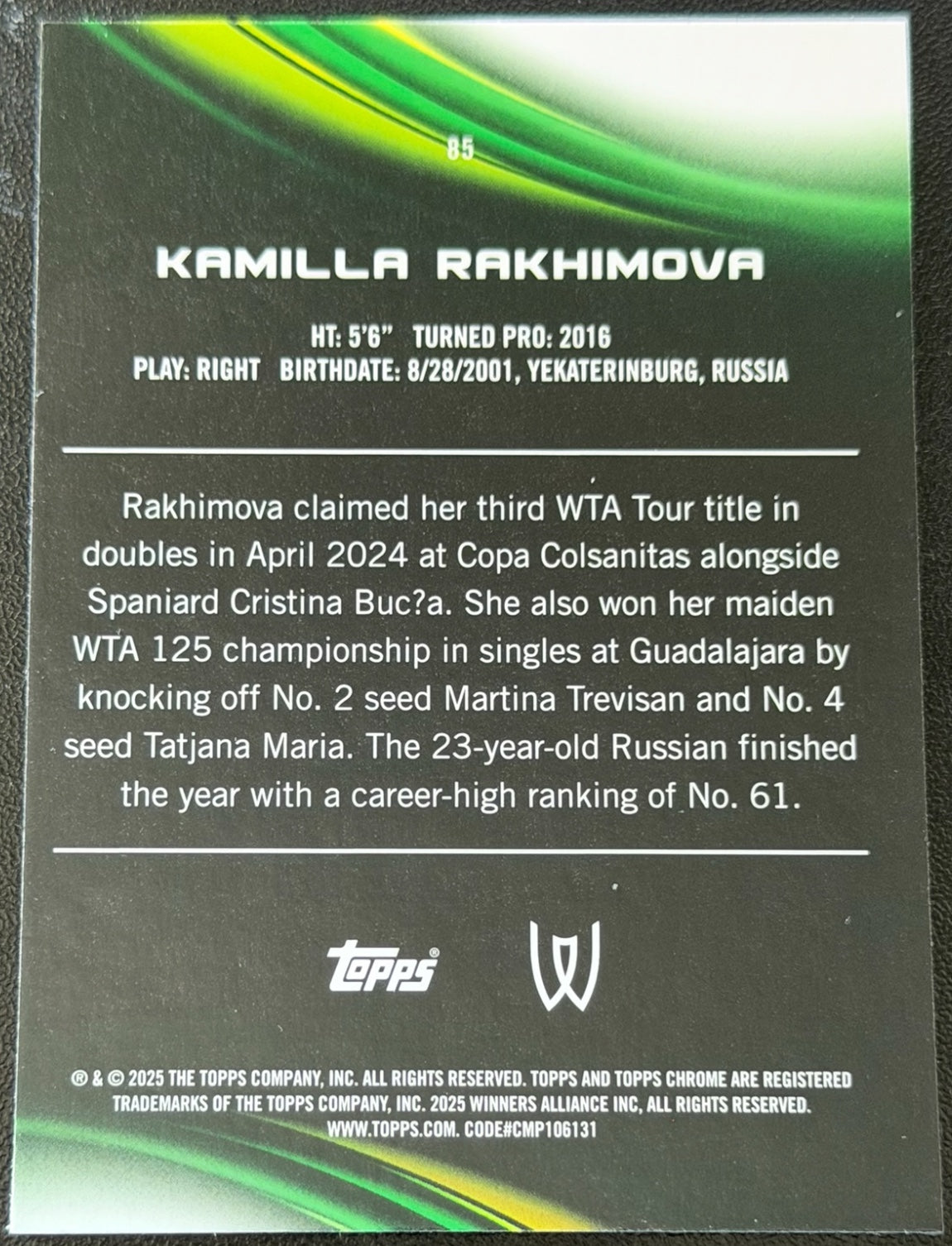 2025 Topps Chrome Sapphire Tennis Green 19/75 Kamilla Rakhimova