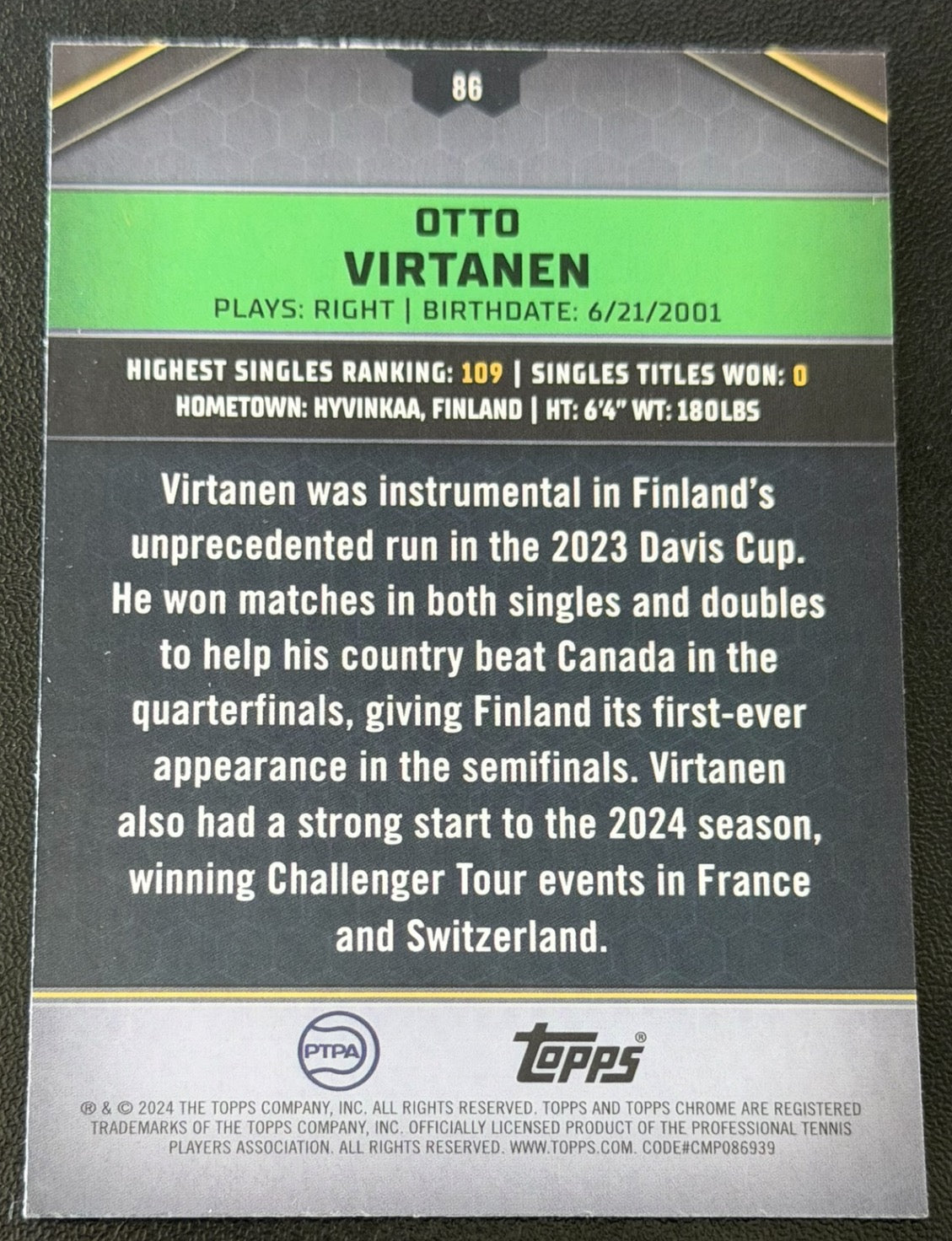 2024 Topps Graphite Green 39/75 Otto Virtanen