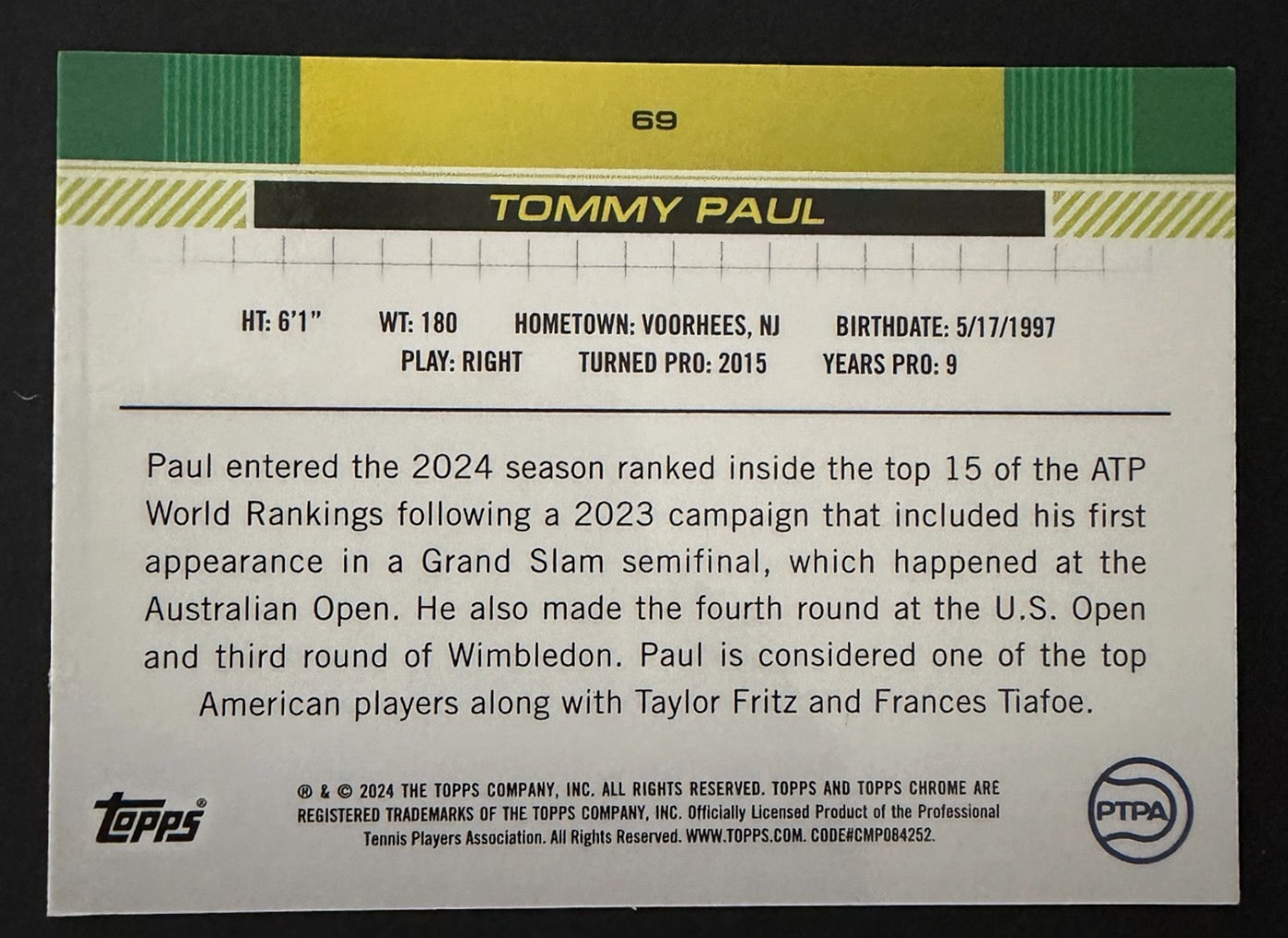 2024 Topps Chrome Tennis Purple Green Refractor 132/150 Tommy Paul