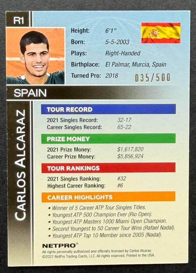 2022 Netpro Carlos Alcaraz Victory 035/500