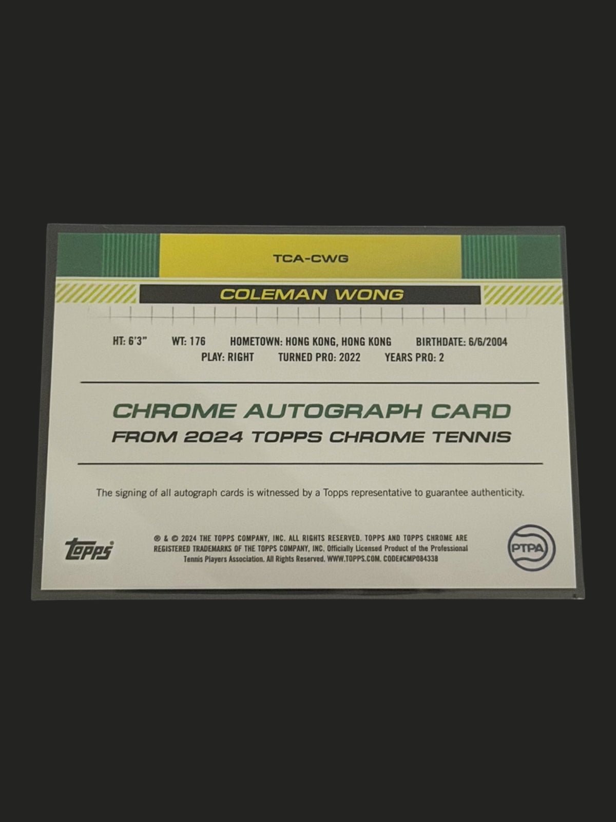 2024 Topps Chrome Coleman Wong — Auto tennis card