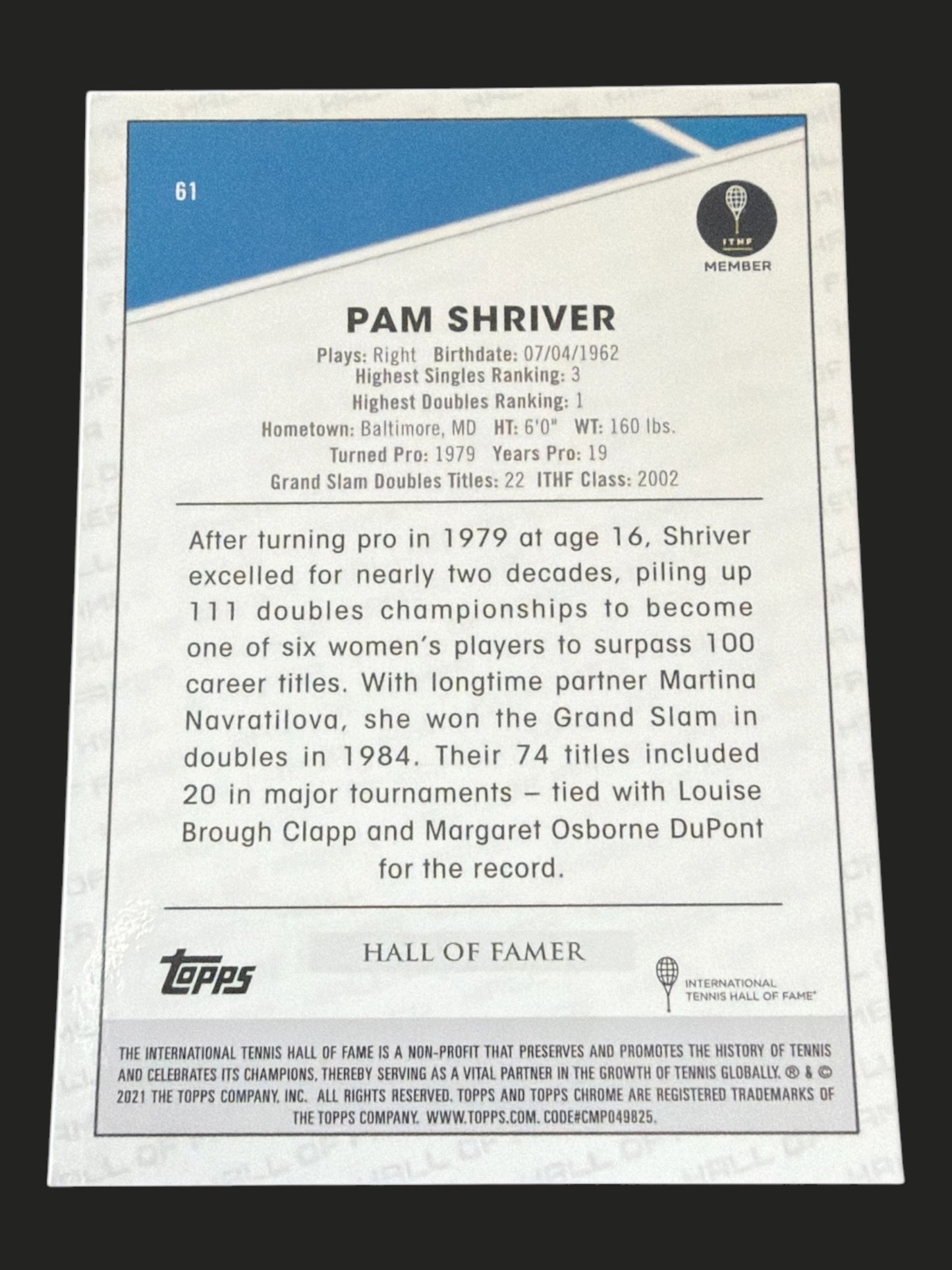 2021 Topps Chrome Tennis Pam Shriver