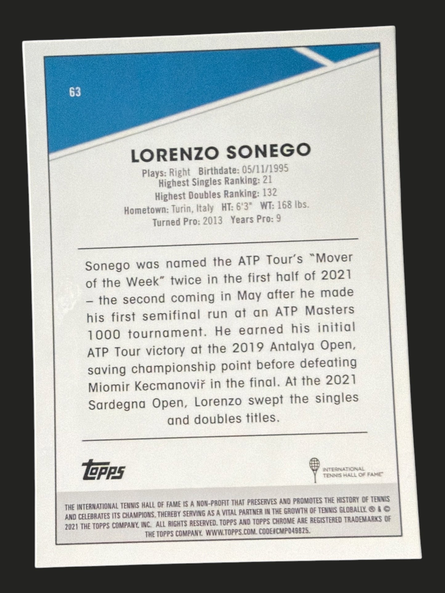 2021 Topps Chrome Tennis Lorenzo Sonego