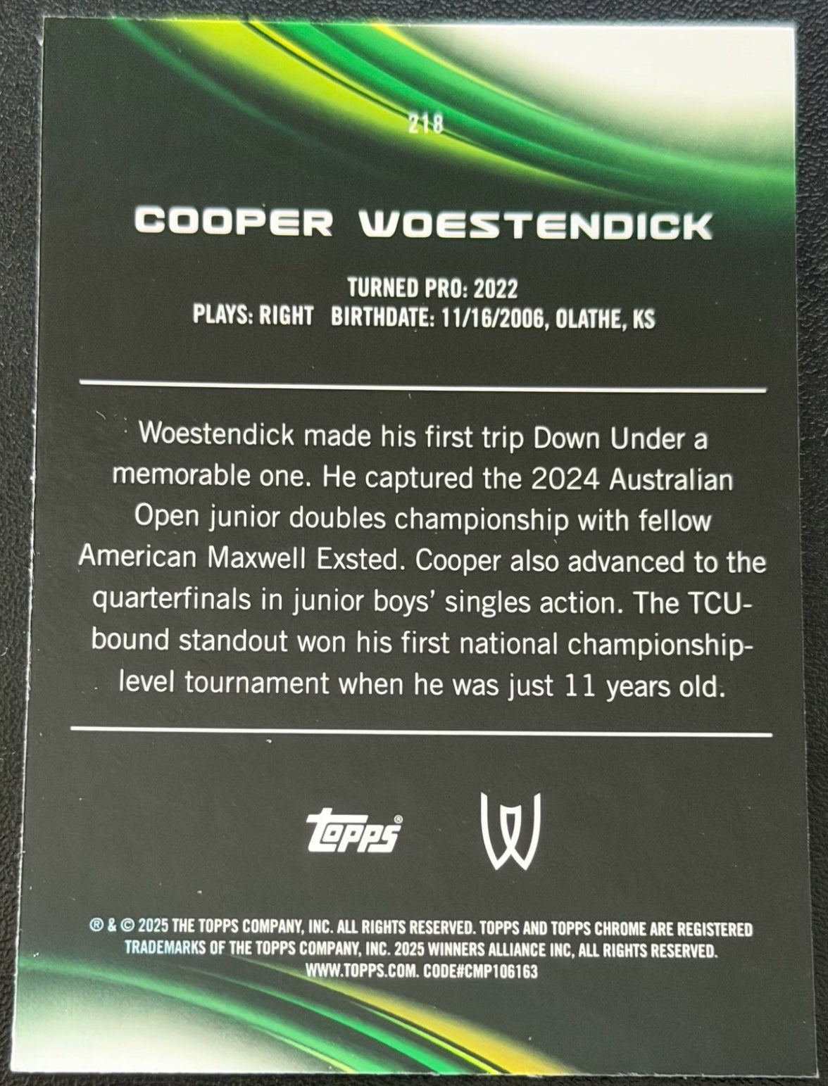 2025 Topps Chrome Tennis Aqua Refractor 123/199 Cooper Woestendick