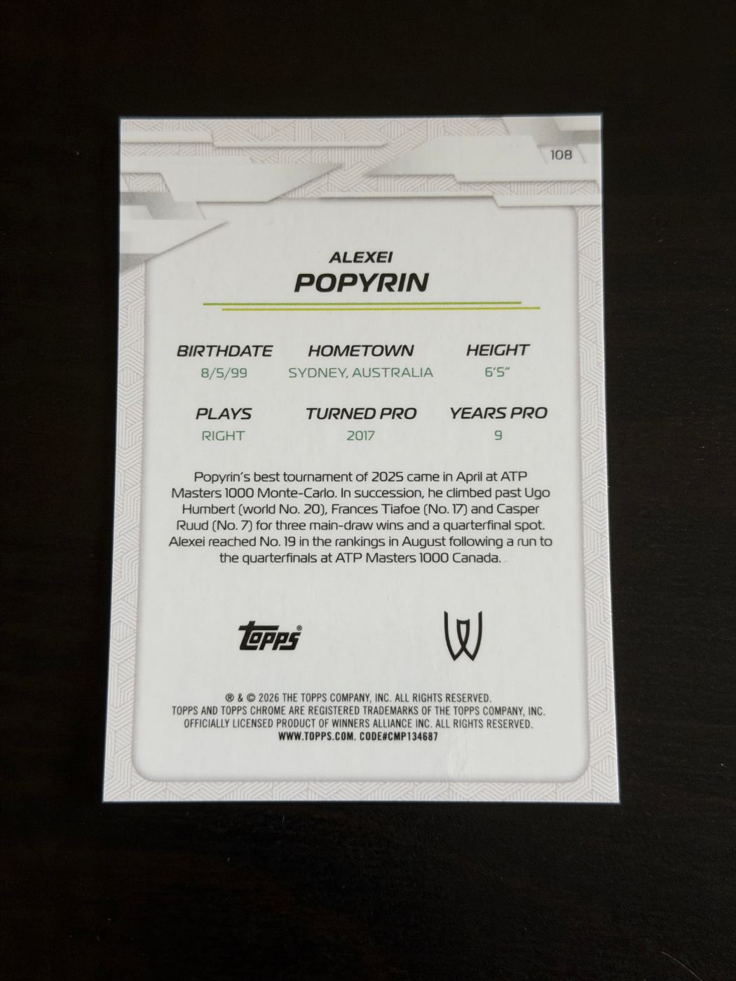 2026 Topps Chrome Alexei Popyrin Aqua Geometric /199