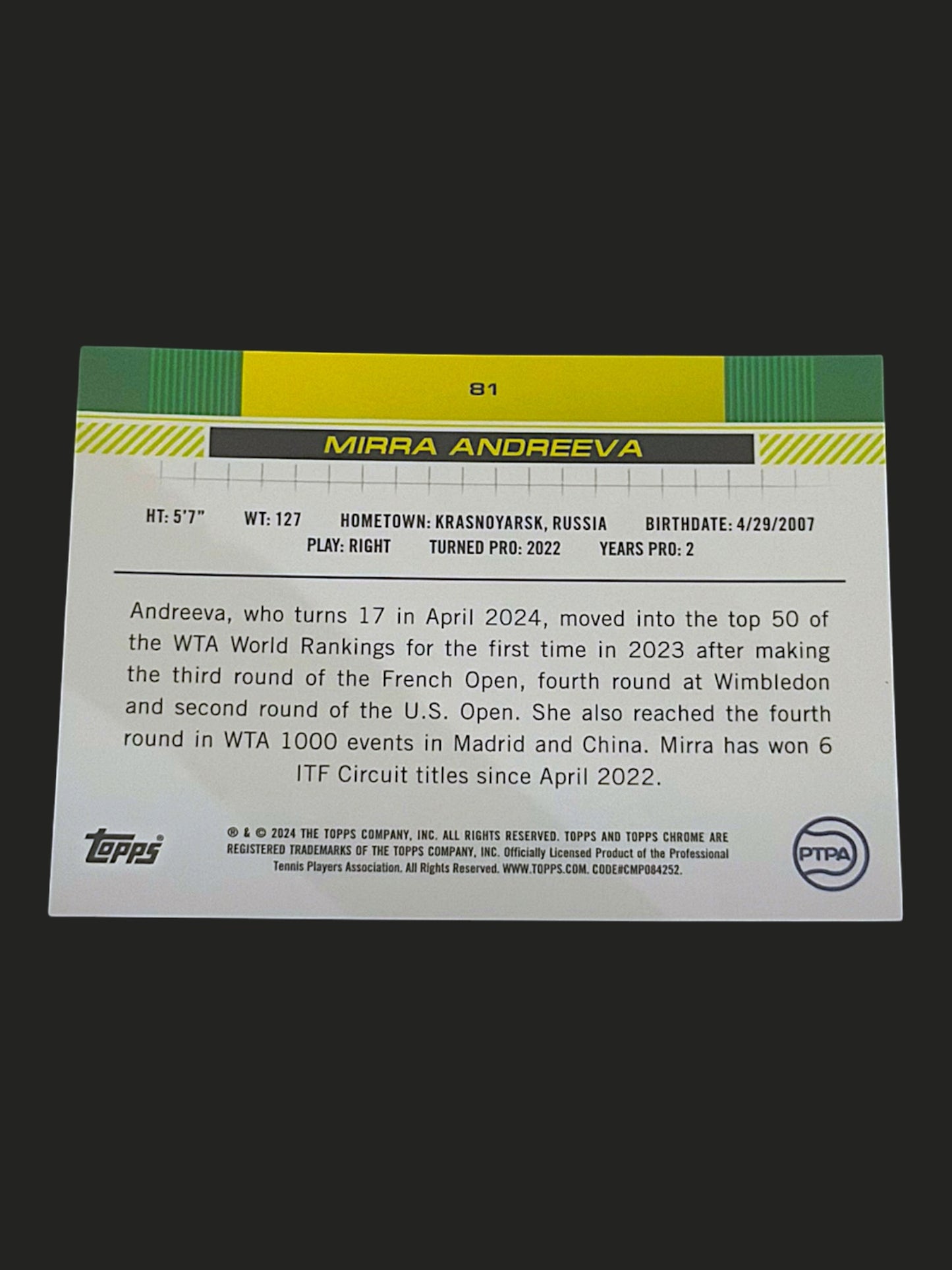 2024 Topps Chrome Tennis Lime Green Refractor 146/299 Mirra Andreeva