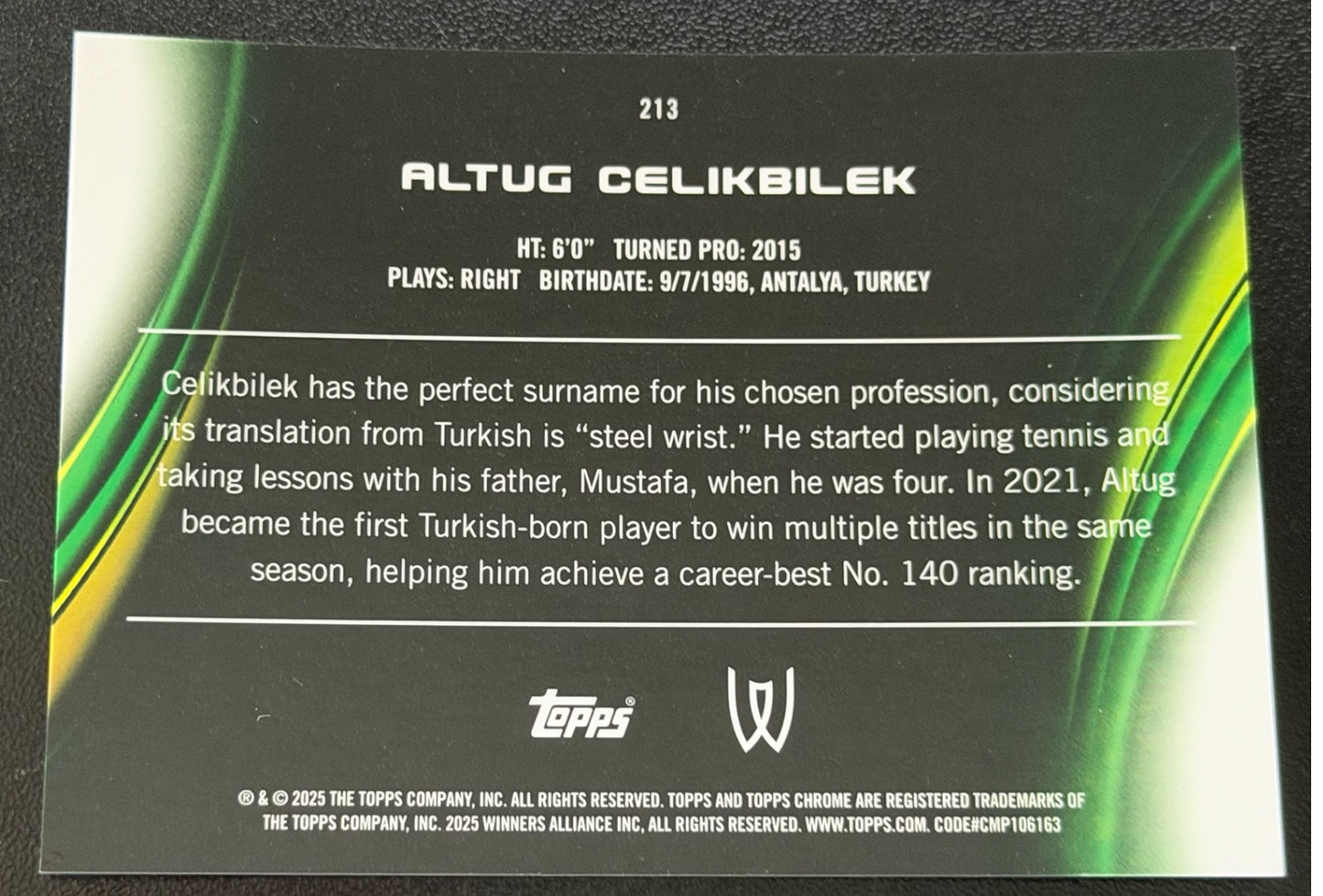 2025 Topps Chrome Tennis Blue Refractor 106/150 Altug Celikbilek