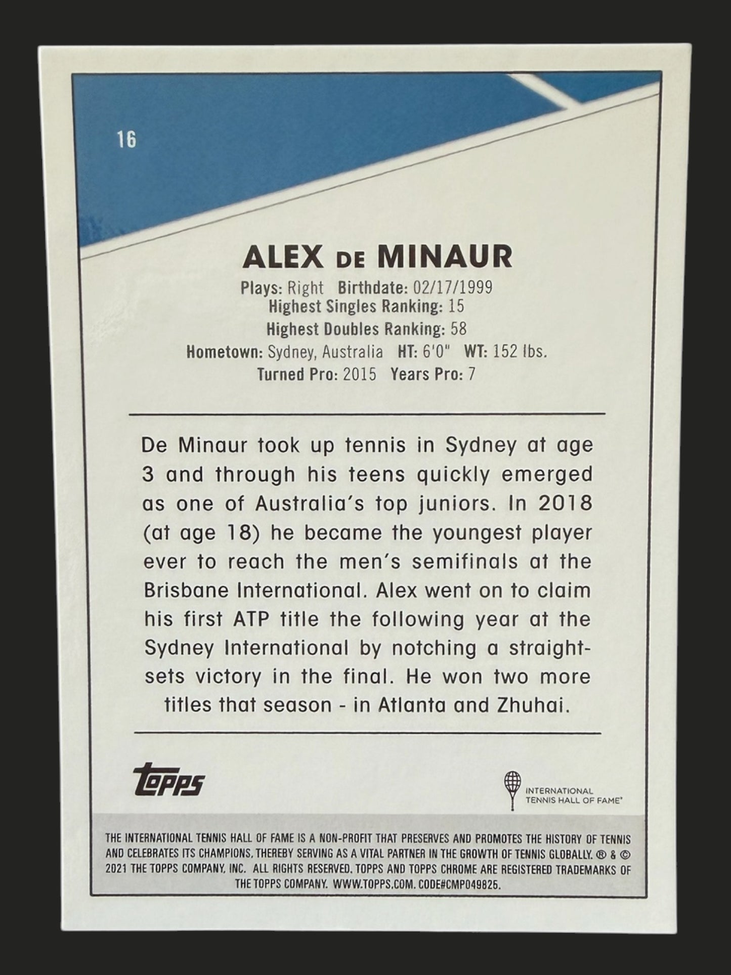 2021 Topps Chrome Tennis Alex de Minaur