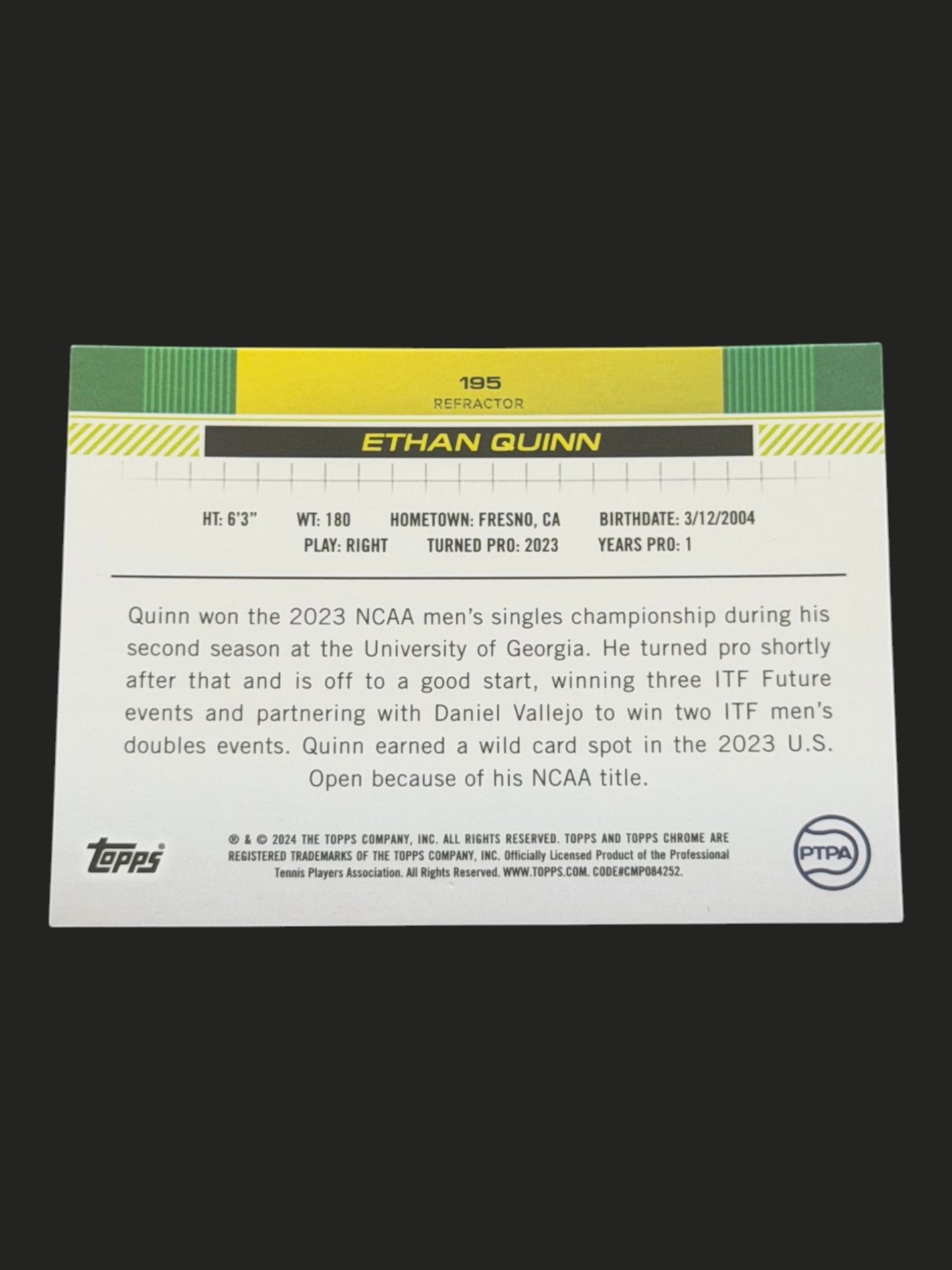 2024 Topps Chrome Ethan Quinn — Refractor tennis card