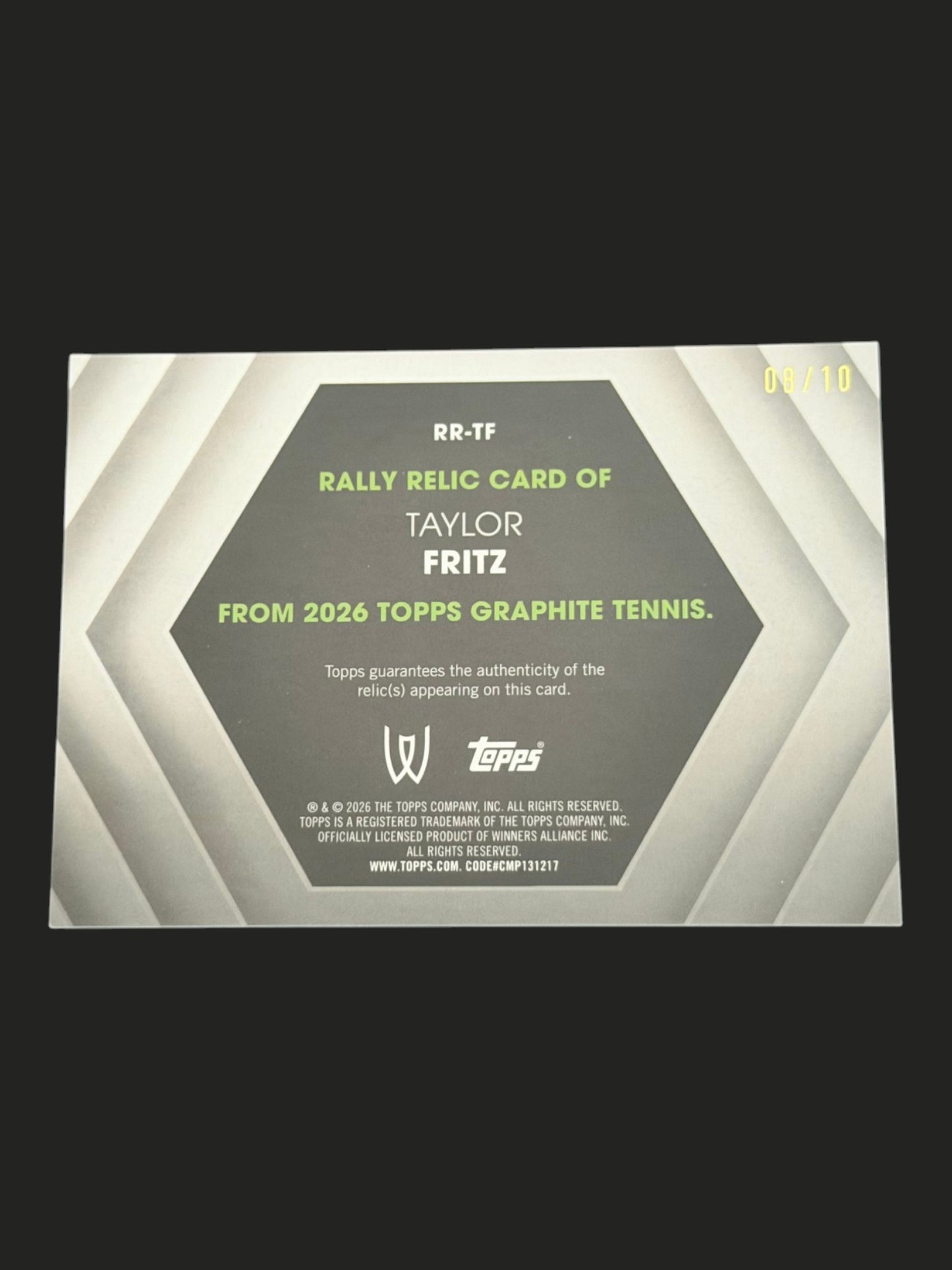 2026 Topps Graphite Tennis White Rally Relic 8/10 Taylor Fritz