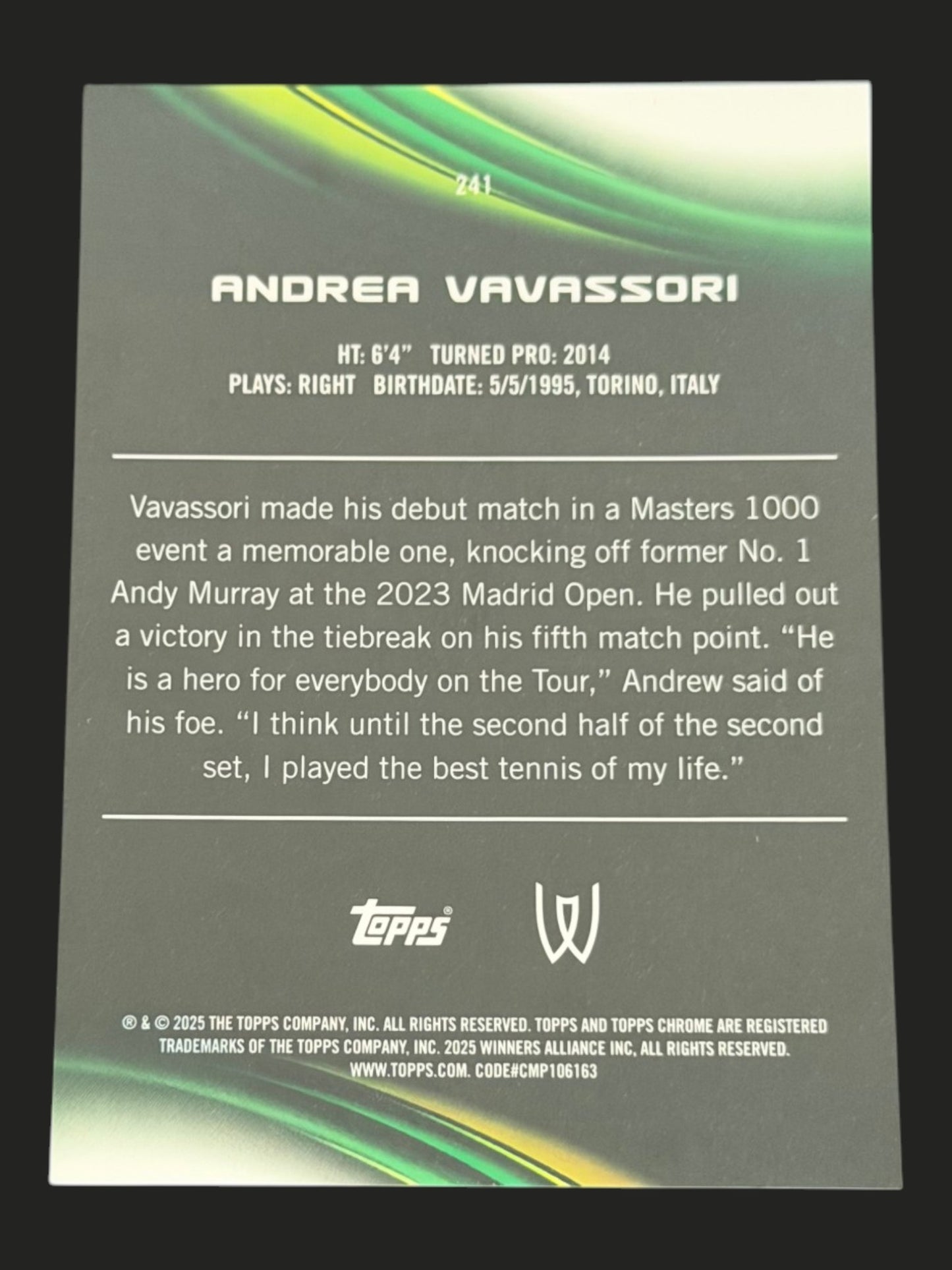 2025 Topps Chrome Tennis Gold 10/50 Andrea Vavassori