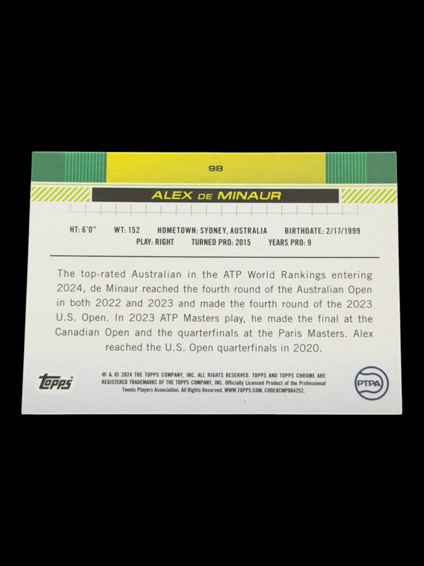 2024 Topps Chrome Sapphire Alex de Minaur — Gold Refractor /50