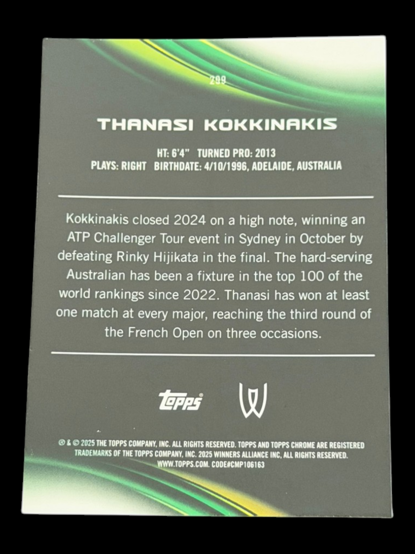 2025 Topps Chrome Sapphire Thanasi Kokkinakis — Green /75