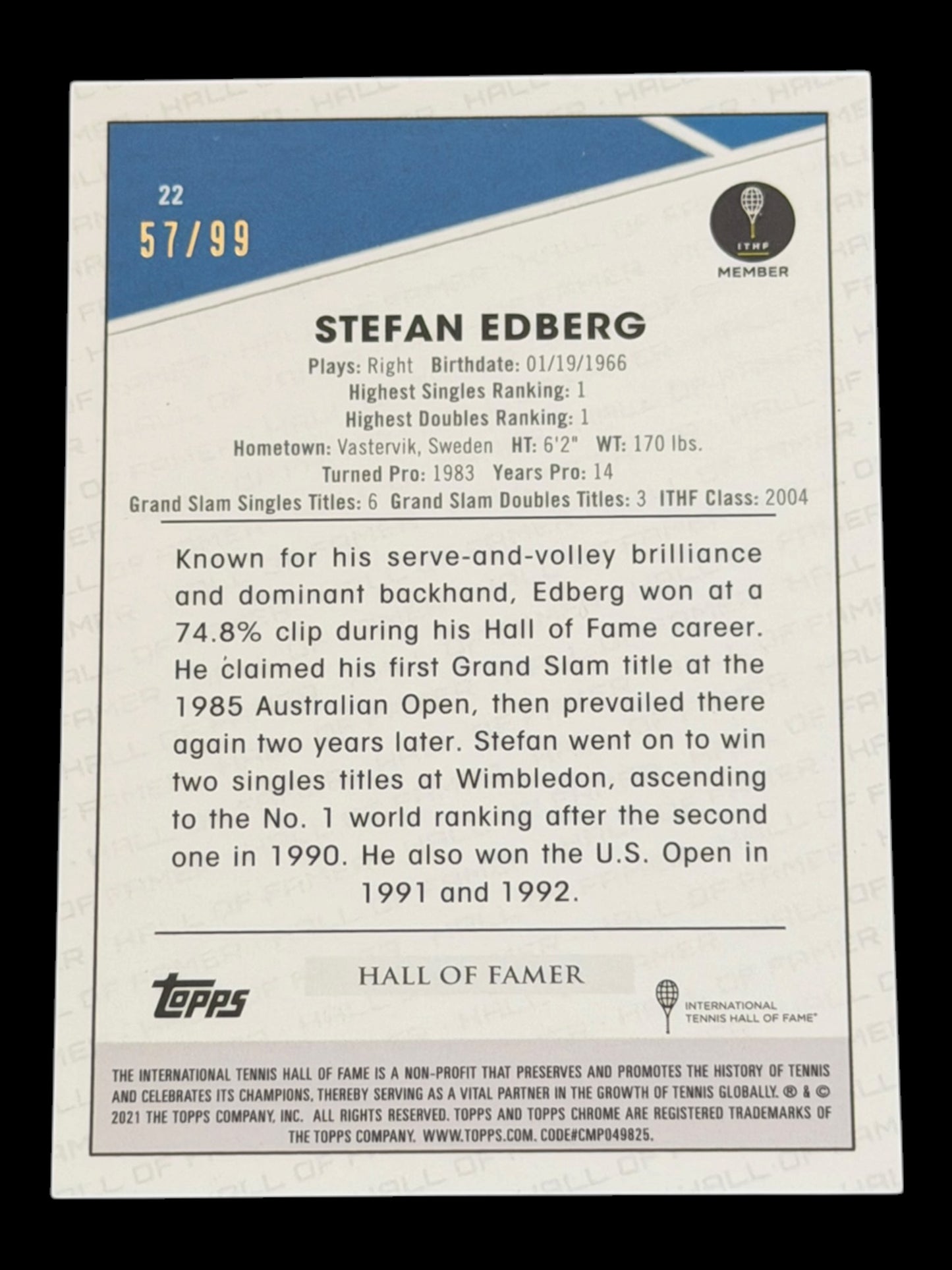 2021 Topps Chrome Stefan Edberg — Blue Refractor /99