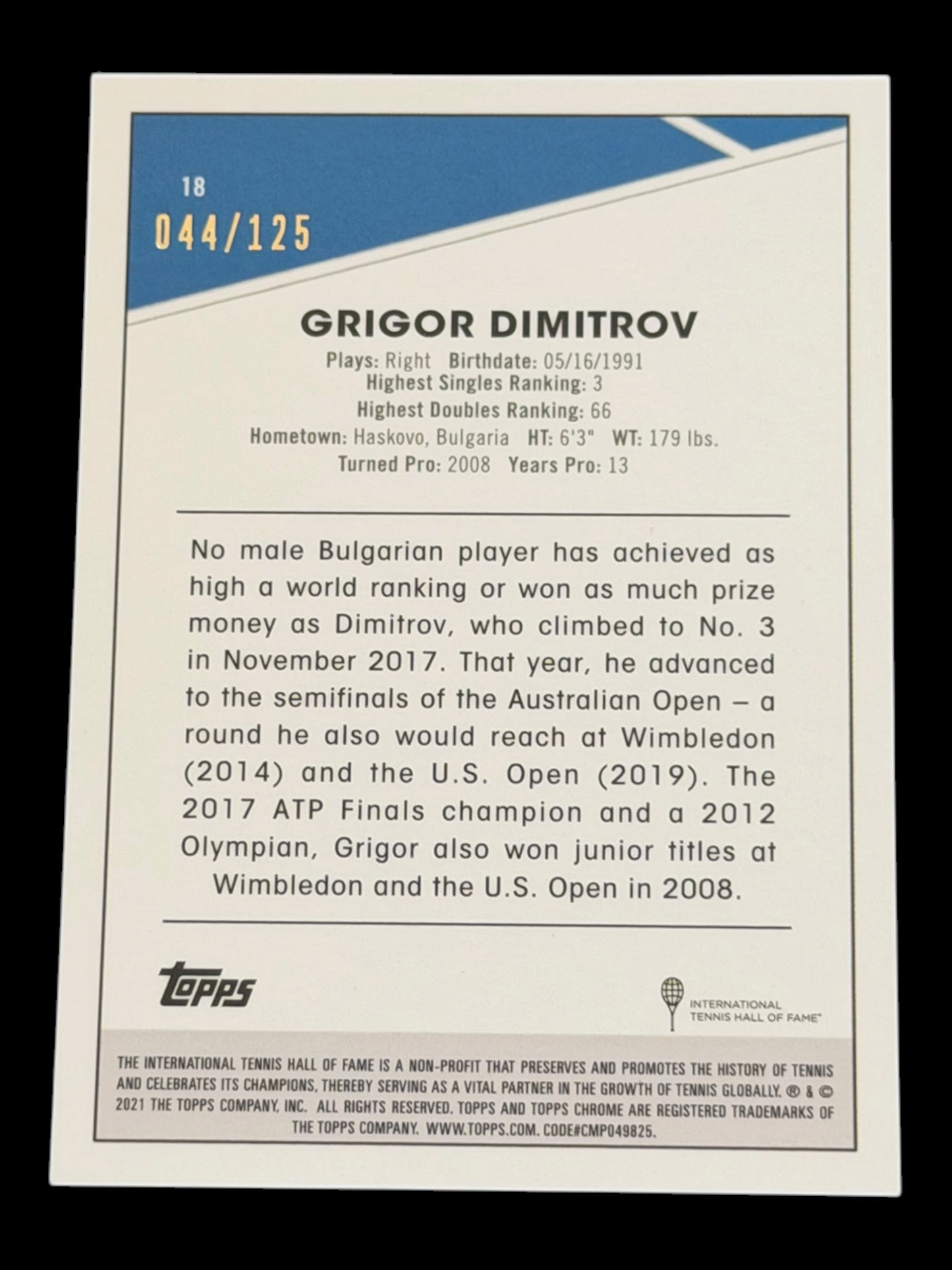 2021 Topps Chrome Grigor Dimitrov — Mini Diamond Refractor /125