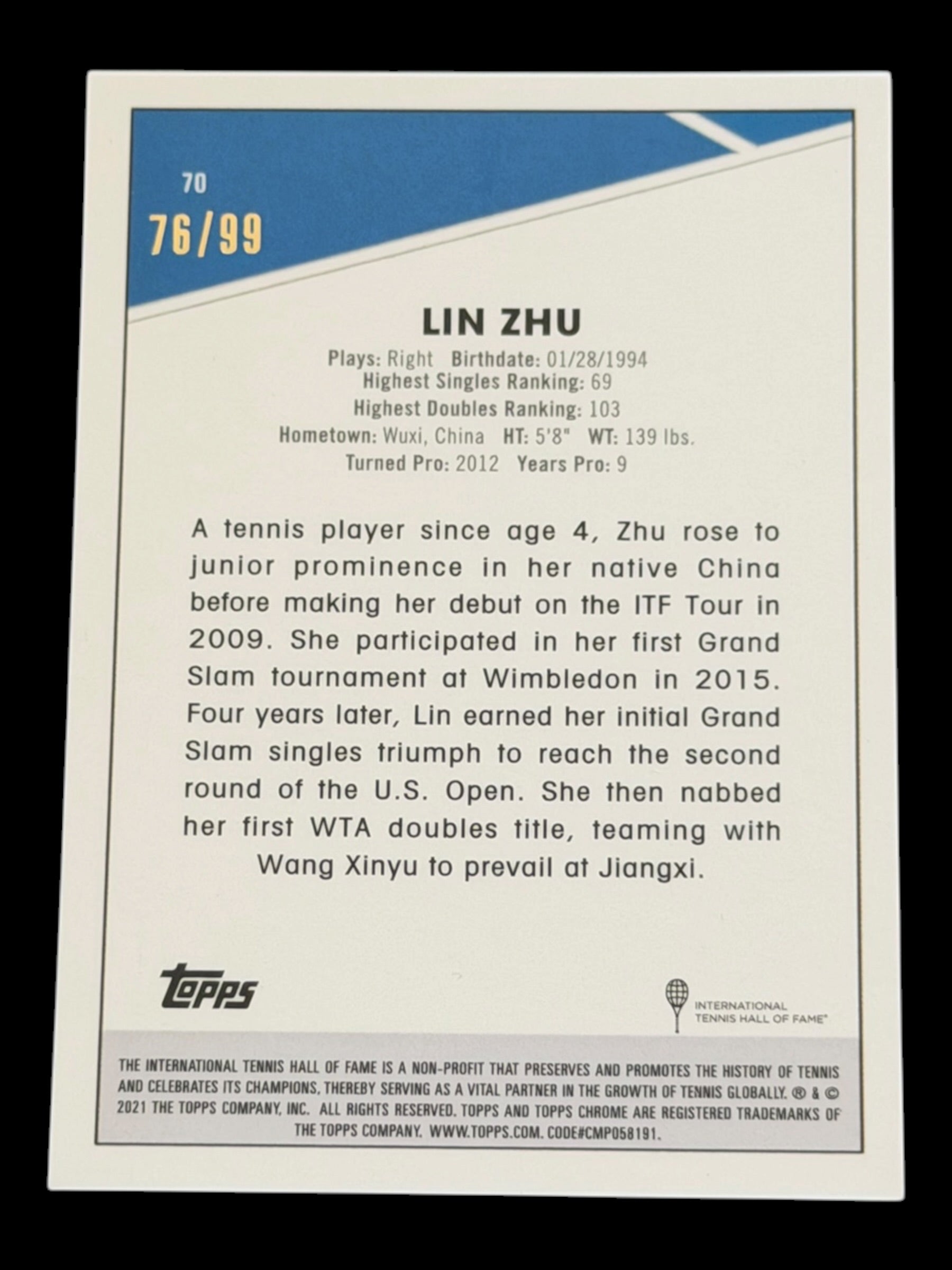 2021 Topps Chrome Sapphire Lin Zhu — White /99 – Tennis Card