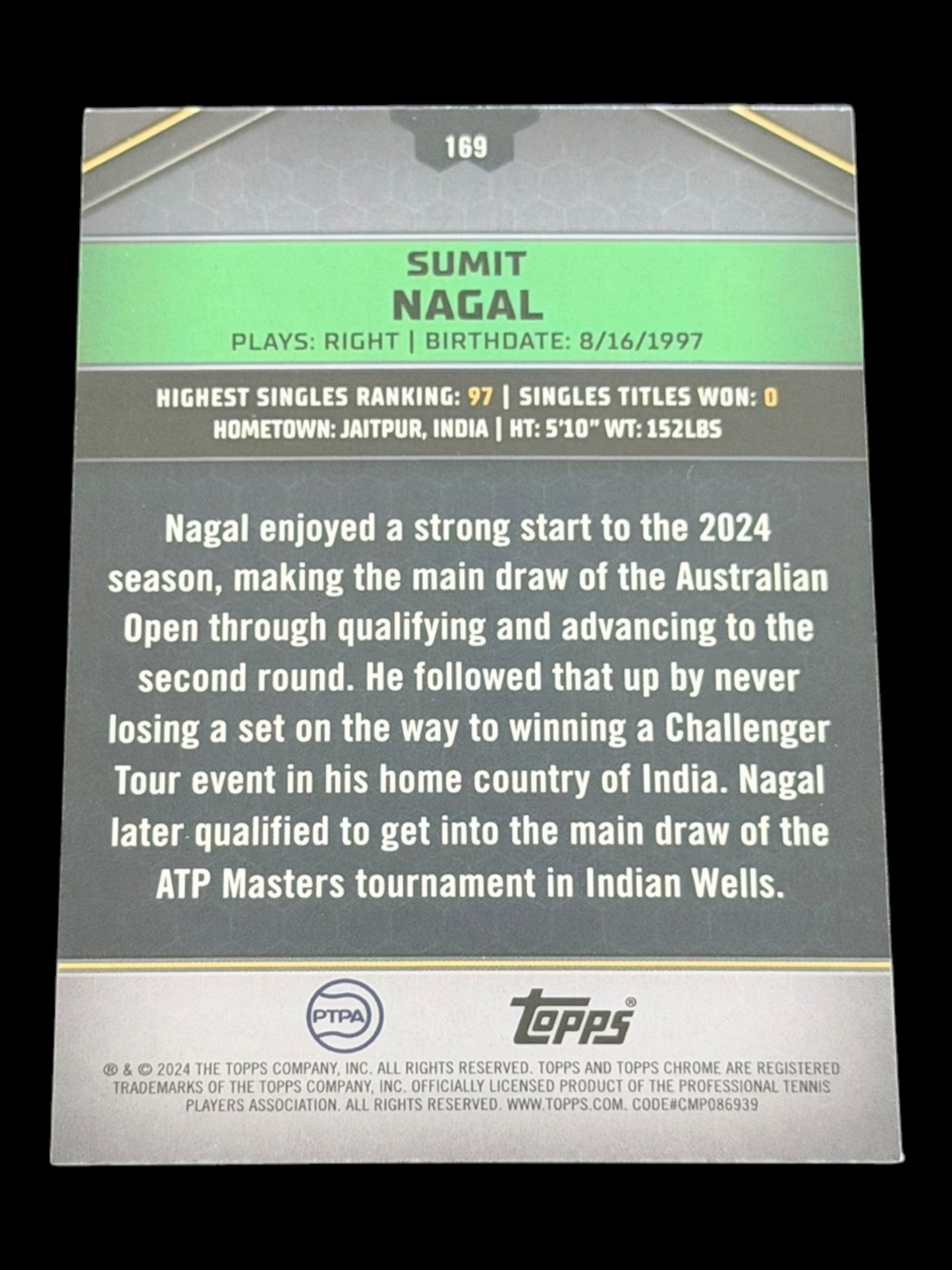 2024 Topps Graphite Sumit Nagal — Aqua Refractor /199