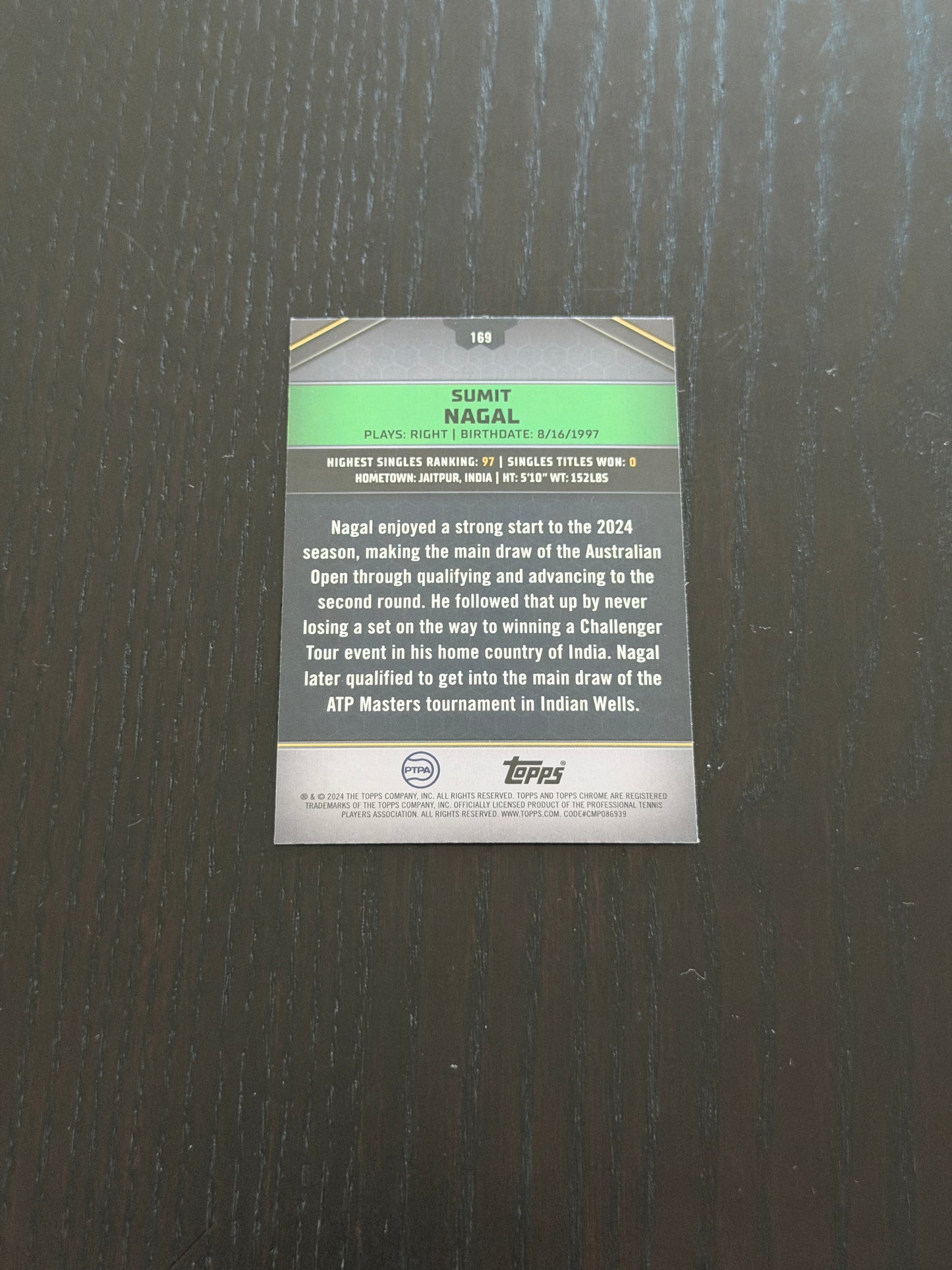 2024 Topps Graphite Sumit Nagal — Aqua Refractor /199