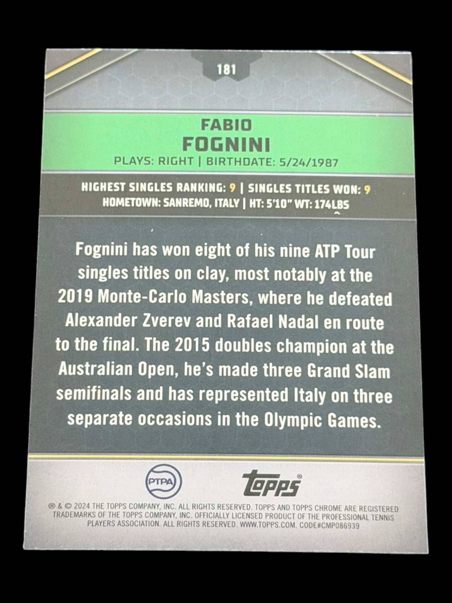 2024 Topps Graphite Fabio Fognini — Aqua Refractor /199