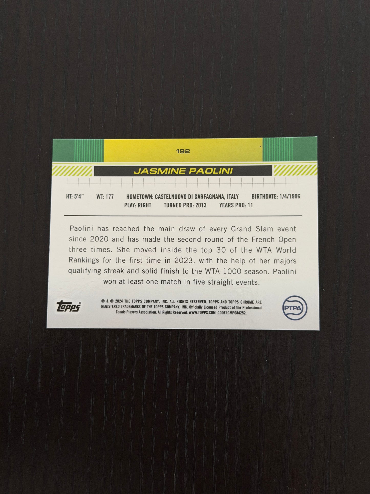 2024 Topps Chrome Jasmine Paolini — Lime Green Refractor /299