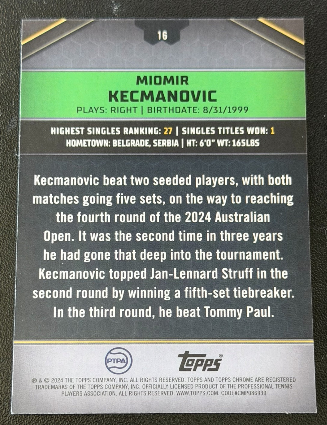 2024 Topps Graphite Tennis Aqua Refractor 079/199 Miomir Kecmanovic