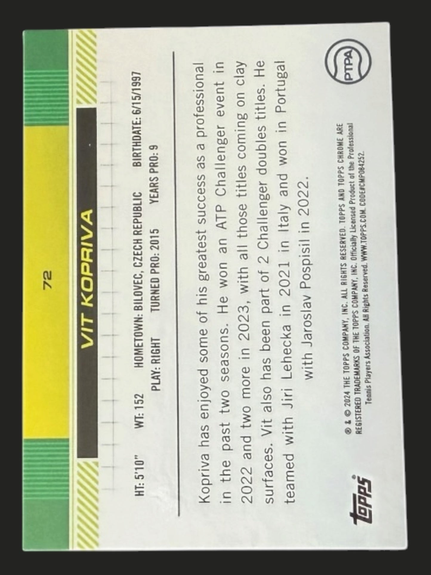2024 Topps Chrome Tennis Gold Refractor 27/50 Vit Kopriva