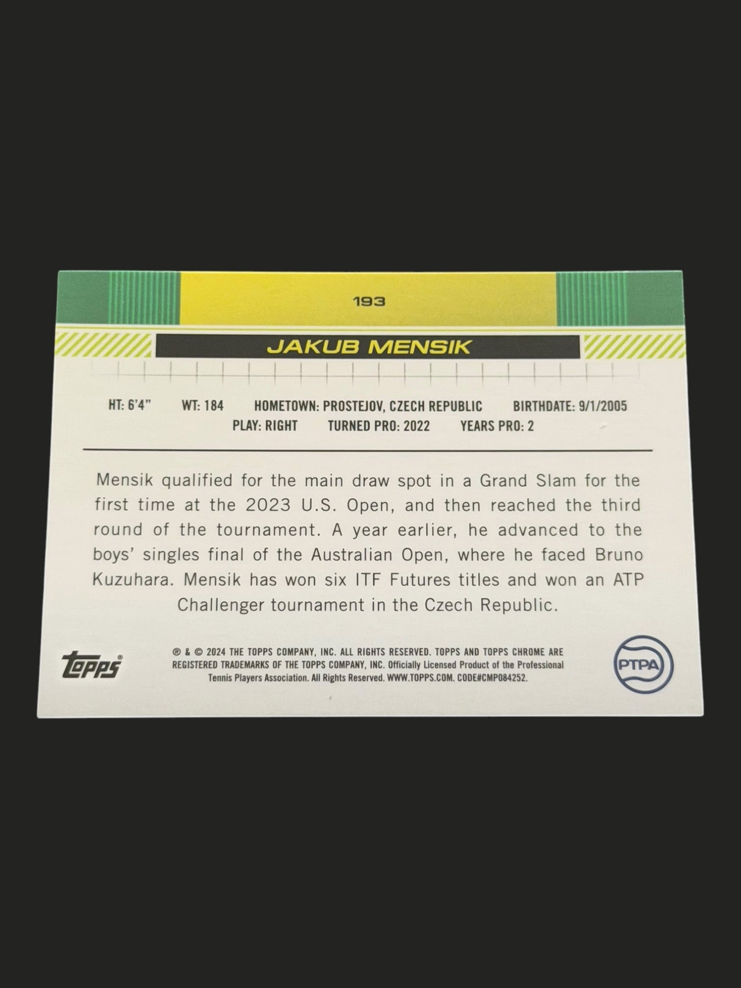 2024 Topps Chrome Jakub Mensik — Lime Green Refractor /299 tennis card