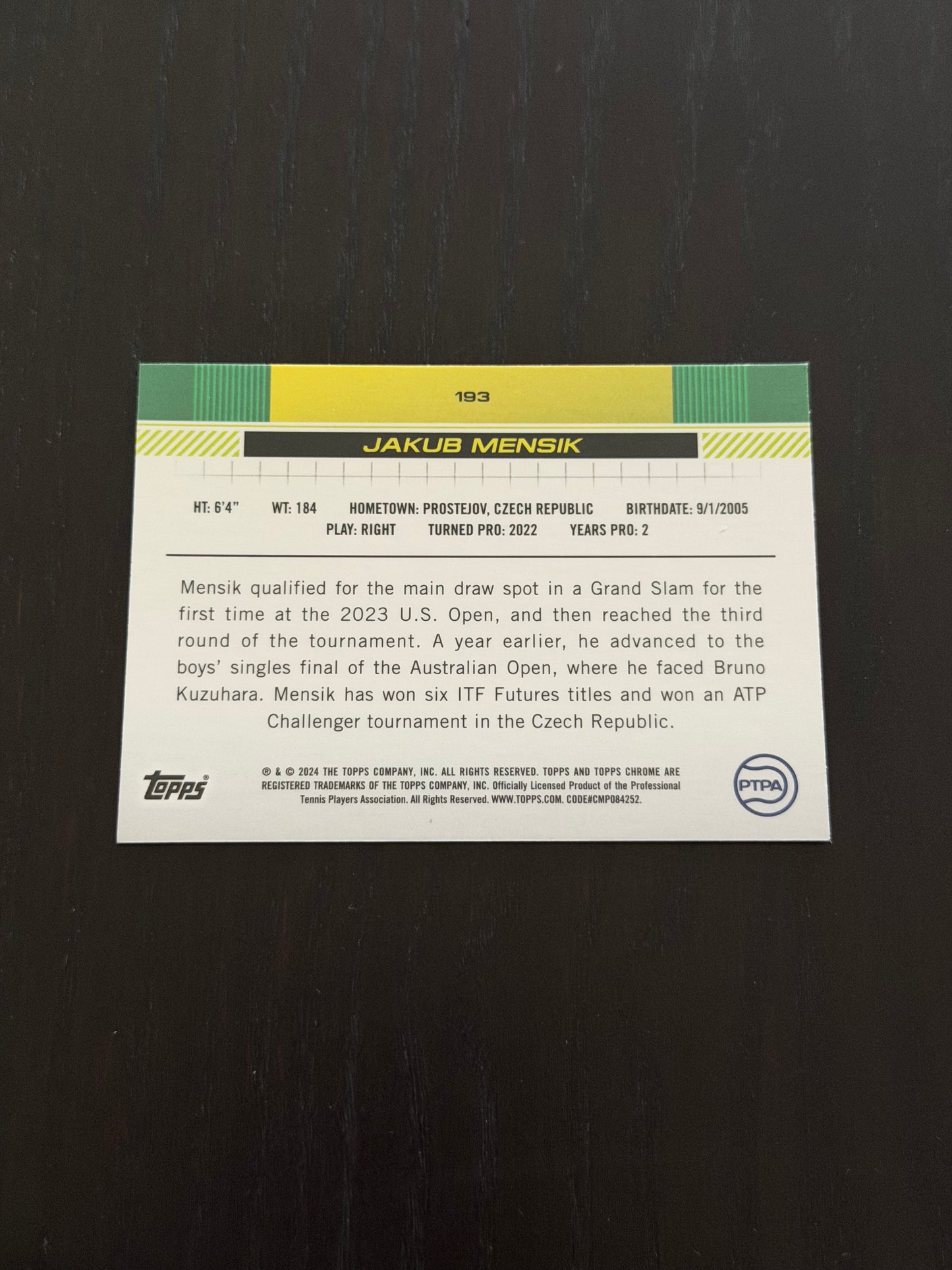 2024 Topps Chrome Jakub Mensik — Lime Green Refractor /299 tennis card