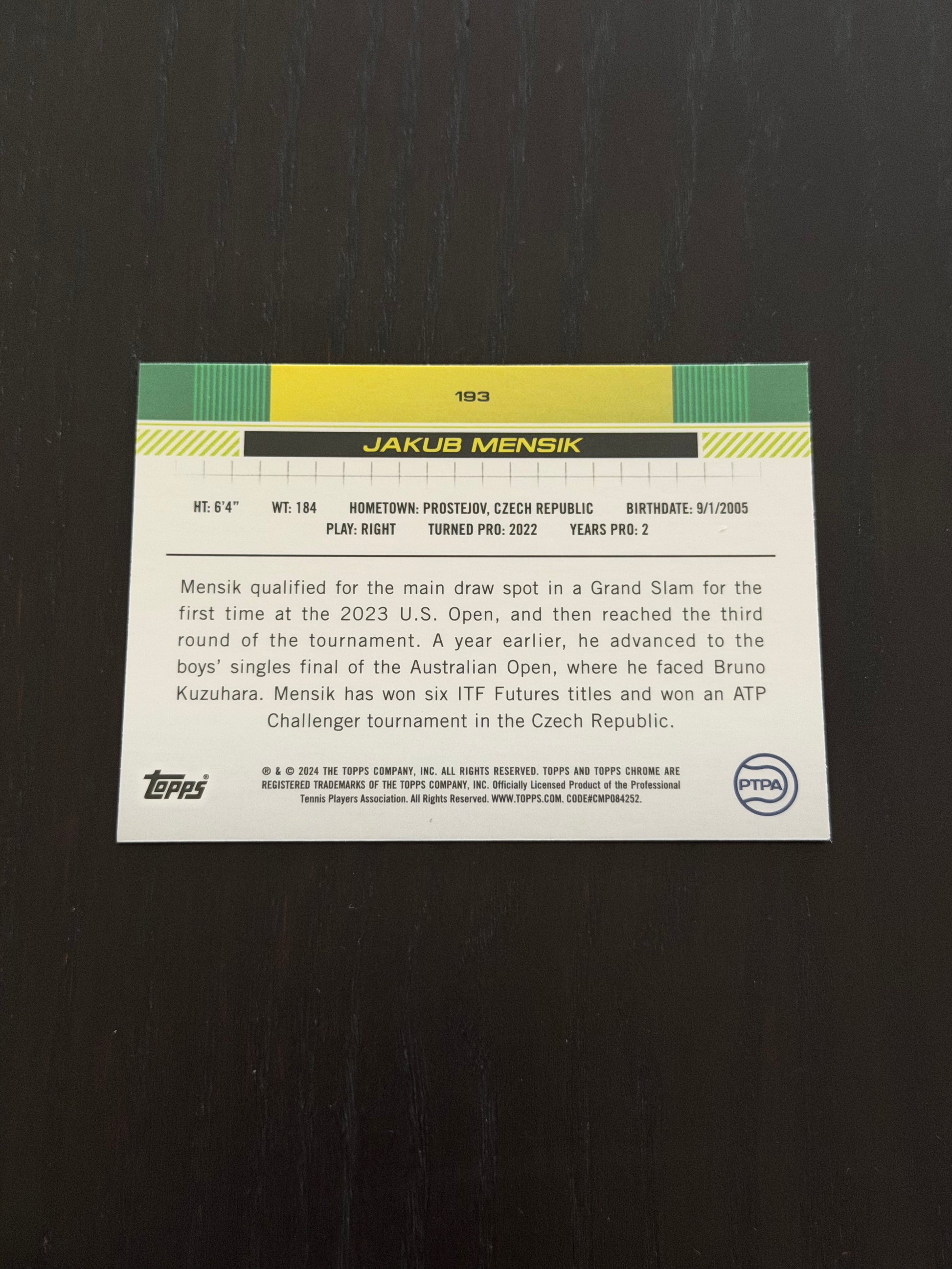 2024 Topps Chrome Jakub Mensik — Lime Green Refractor /299 tennis card