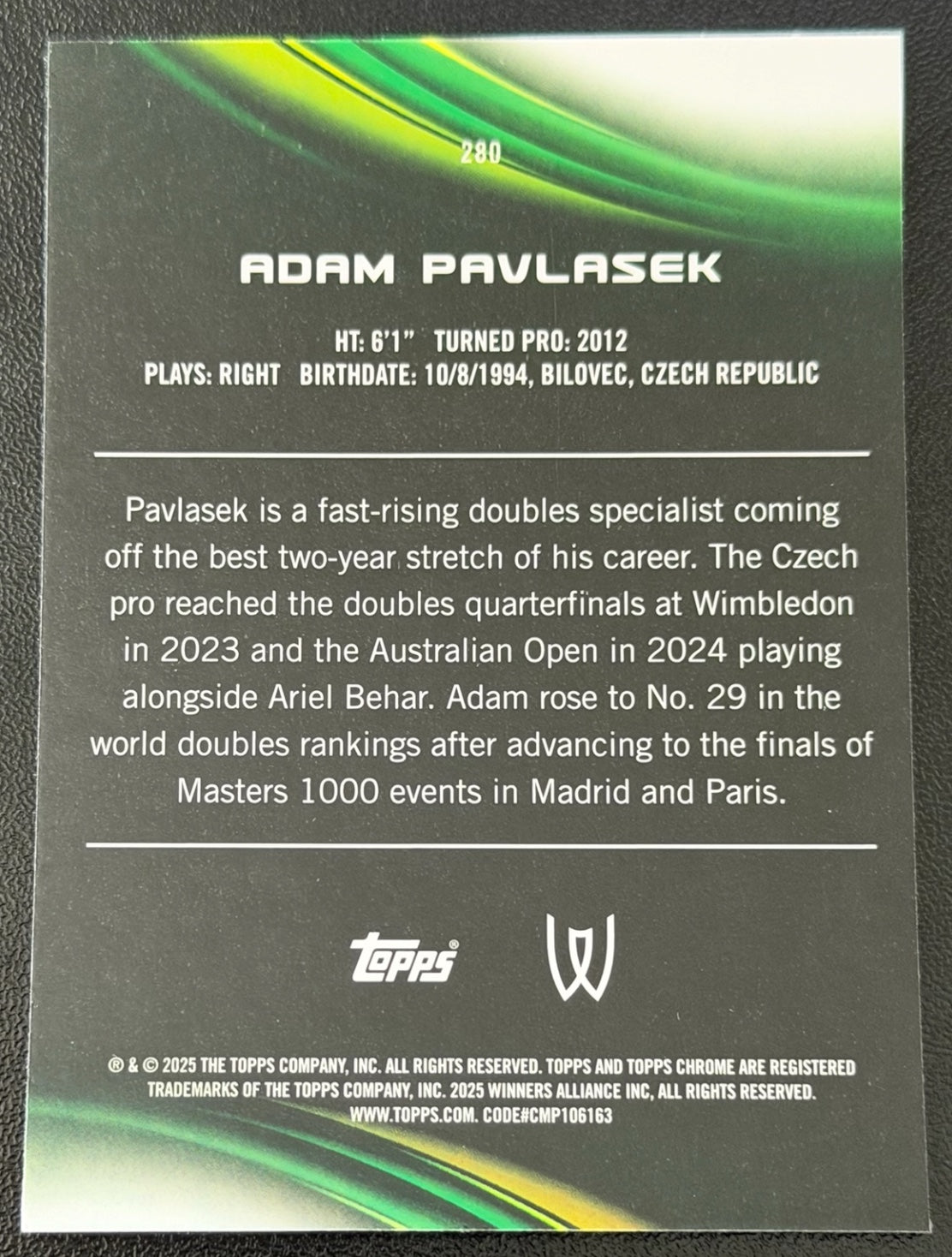 2025 Topps Chrome Tennis Purple Green Refractor 098/125 Adam Pavlasek