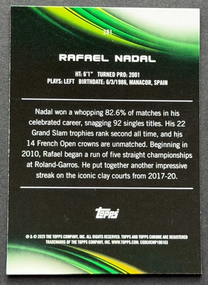 2025 Topps Chrome Sapphire Rafael Nadal — Green /75 tennis card