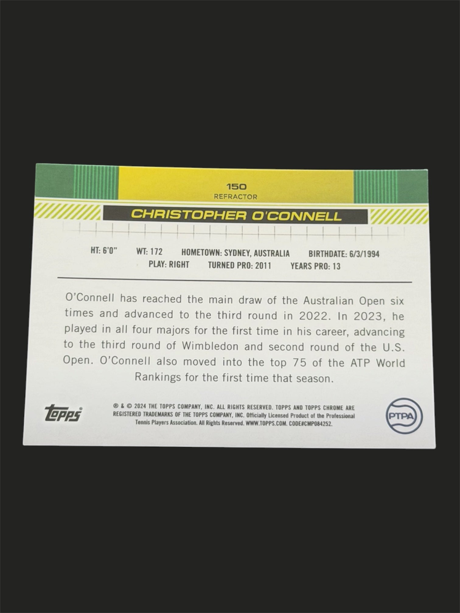 2024 Topps Chrome Christopher O'Connell — Refractor tennis card