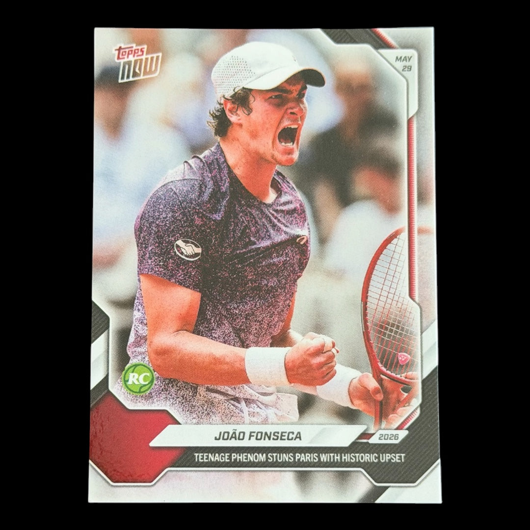 A Topps Now trading card featuring João Fonseca on the tennis court.