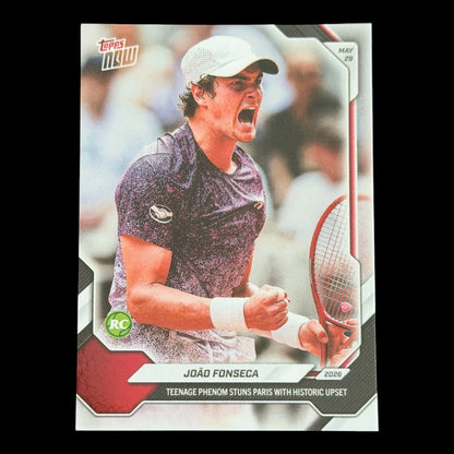 A Topps Now trading card featuring João Fonseca on the tennis court.