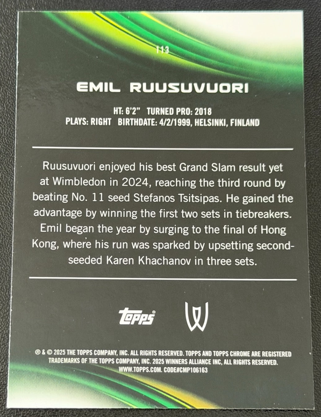 2025 Topps Chrome Tennis Purple Green Refractor 115/125 Emil Ruusuvuori