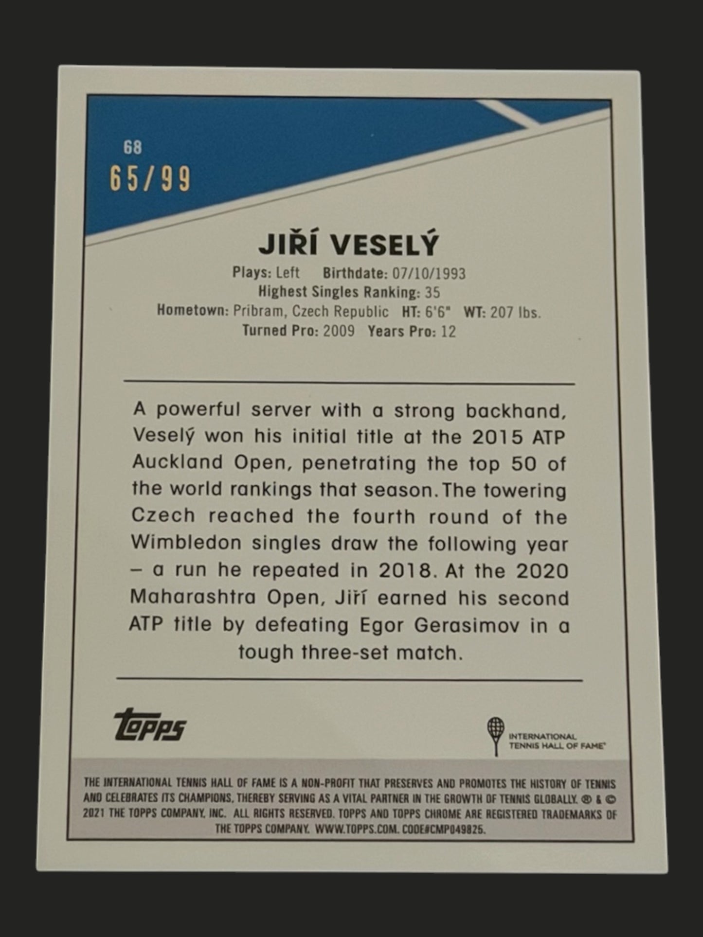 2021 Topps Chrome Blue 65/99 Jiri Vesely