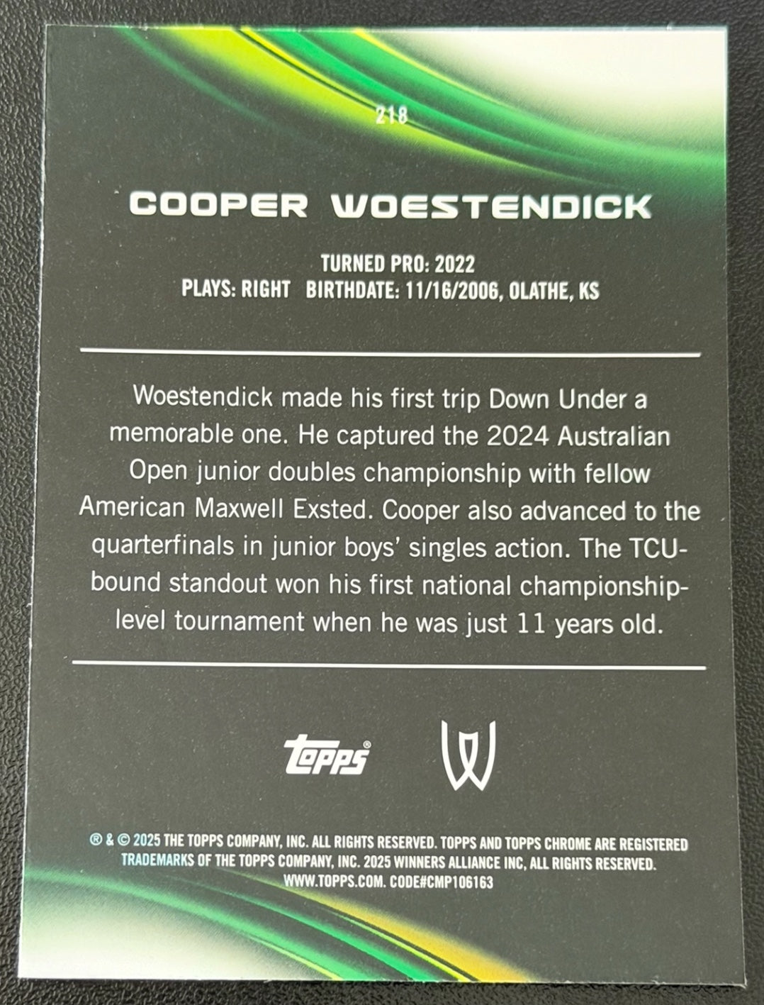 2025 Topps Chrome Tennis Purple Green Refractor 030/125 Cooper Woestendick